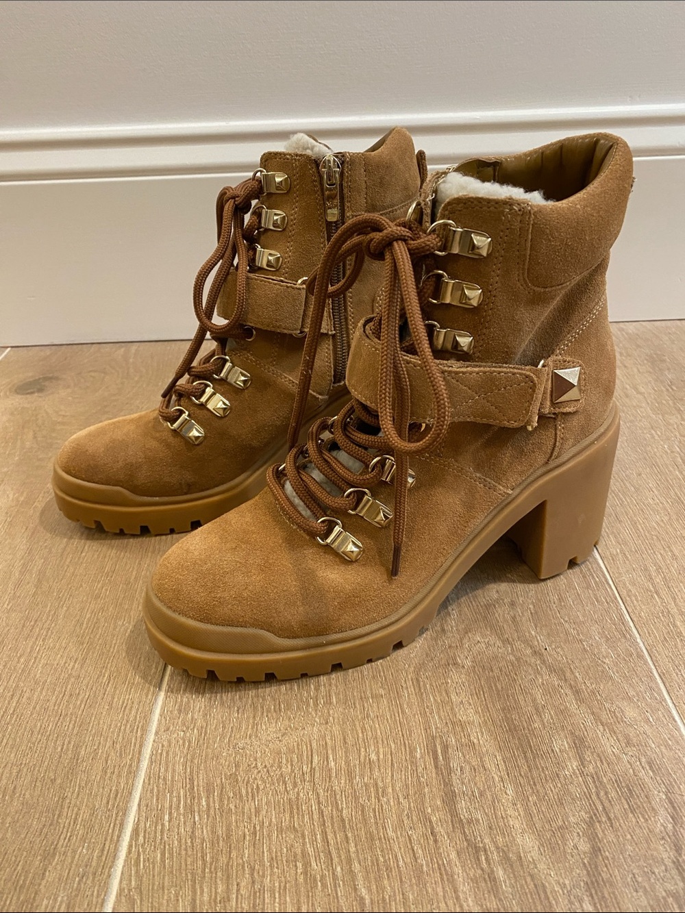 Marc Fisher Chunky Suede Lace-Up Heeled Ankle Boots in Tan